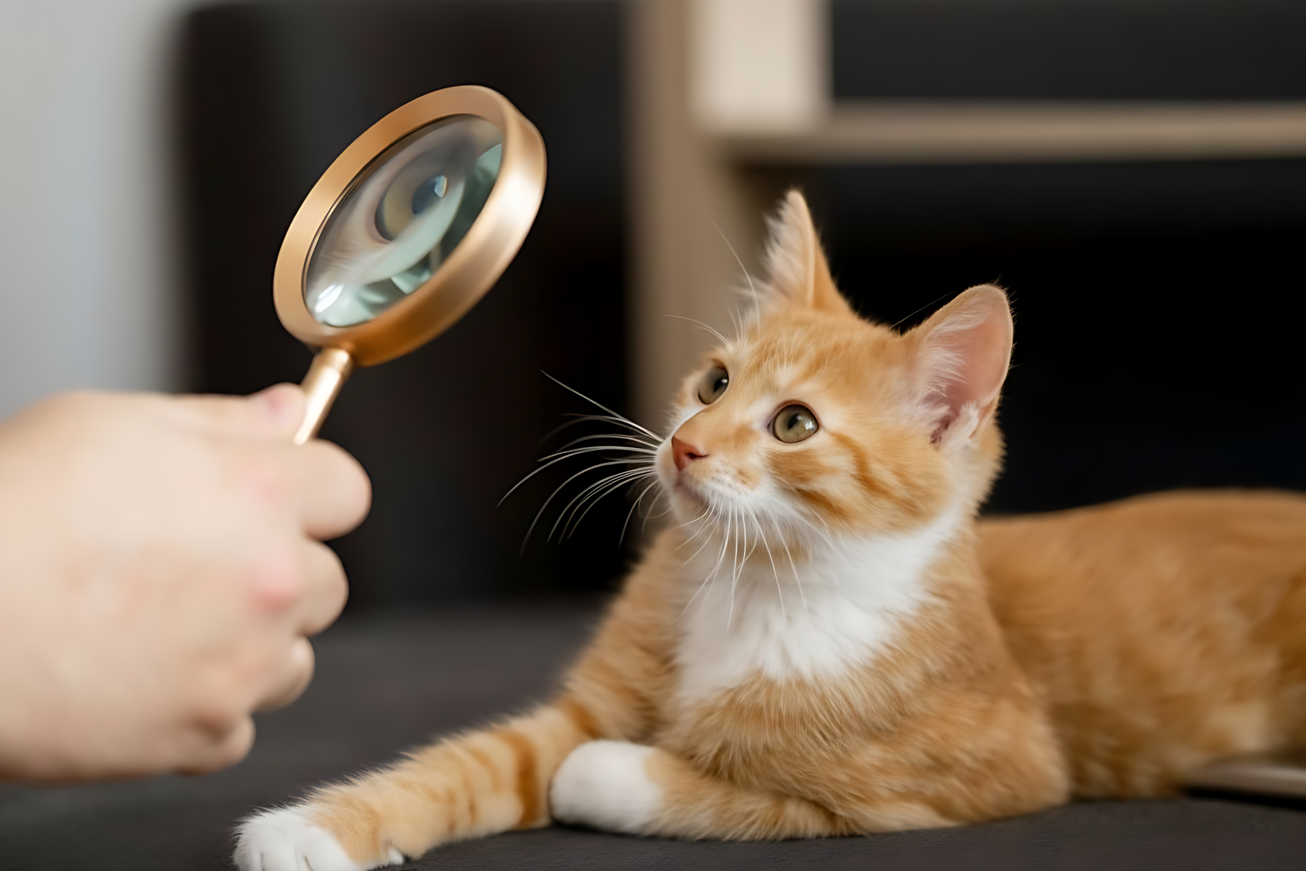 pet owner looking at his orange cat through a magnifying glass